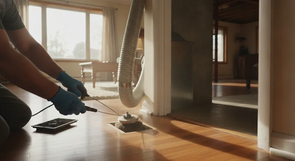Duct cleaning technician feeding an agitation whip into a floor register in a Kitchener home with a negative-air hose connected to the furnace trunk